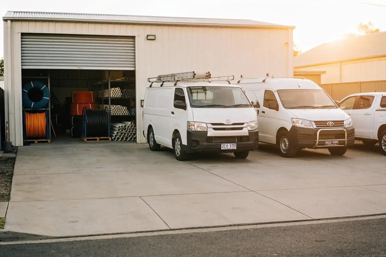 Two white vans and a ute outside a steel workshop, its roller door open on reels of pipe and fittings