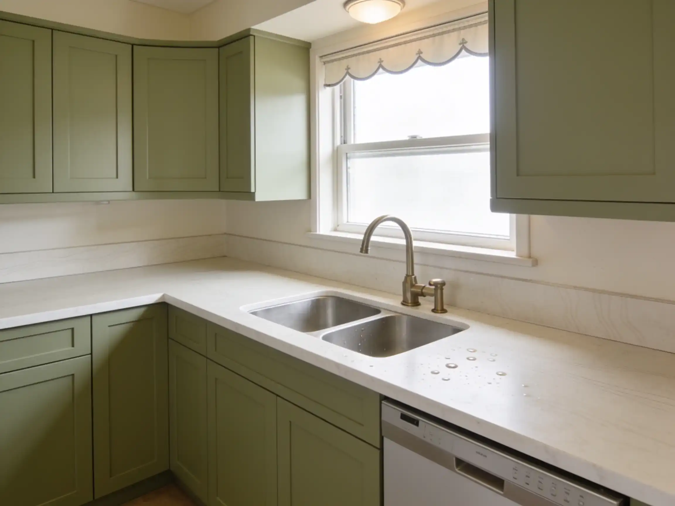 The same kitchen with sage green shaker cupboards, a white stone benchtop, a stainless double sink with a gooseneck mixer and a dishwasher beside it