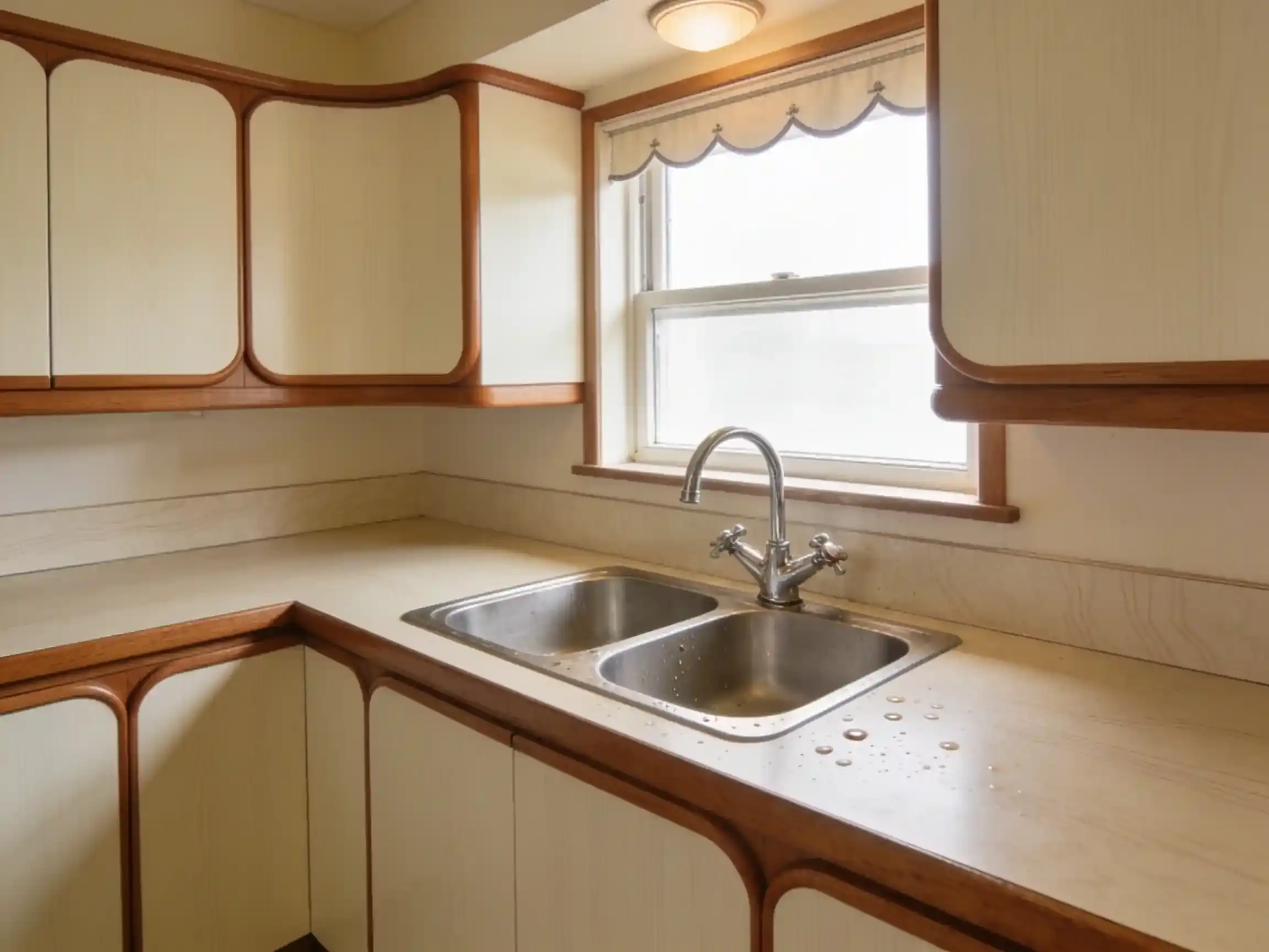 A dated kitchen with cream laminate cupboards trimmed in timber, a laminate benchtop and a stainless double sink with a two-handle tap under the window