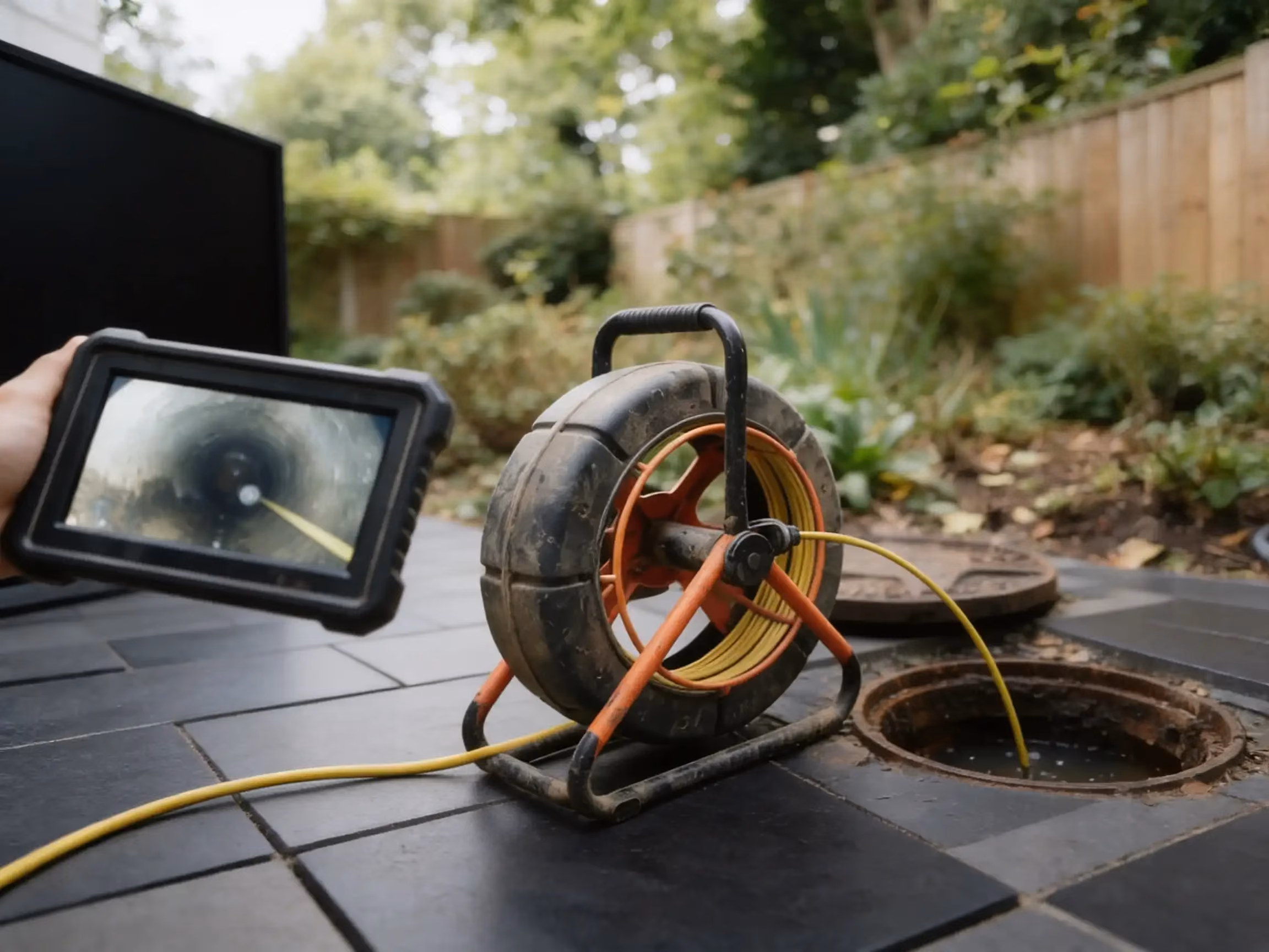 A drain camera on its reel beside an open drain on a tiled patio, its screen showing the inside of the pipe